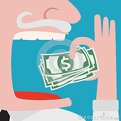 Greedy businessman eating green cash dollars Vector Illustration