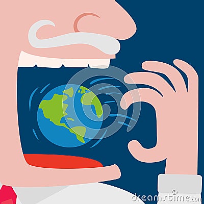 Greedy businessman eating the world planet Vector Illustration