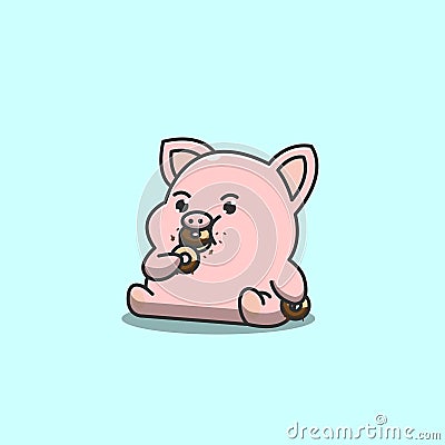 greedy cute pig eating donuts Vector Illustration