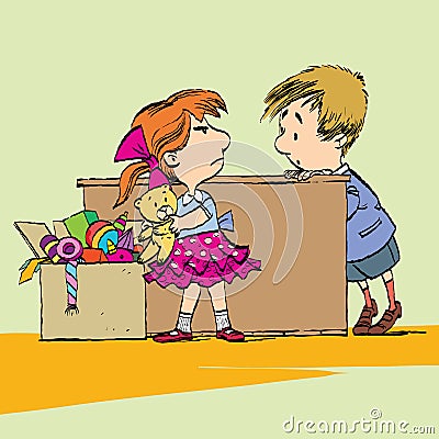 Greedy girl with toy and boy Vector Illustration