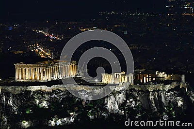 Greek Acropolis (Parthenon) Cityscape from Mount Lycabettus (Lykavittos Hill ), Athens Cartoon Illustration