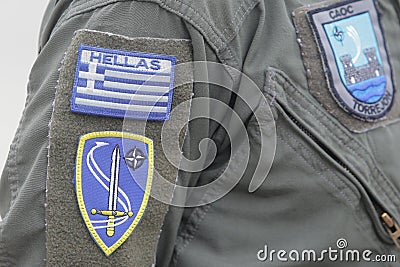 Greek Air Force symbols on a soldier uniform Editorial Stock Photo