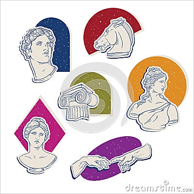 Greek Antique statue, ancient sculpture art sticker set. Vector color geometry surrealism. Head, hand, horse, column Stock Photo