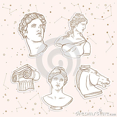 Greek Antique statue, ancient sculpture line art sticker set. Vector Gold Stars in light galaxy sky. Head, horse, column Stock Photo