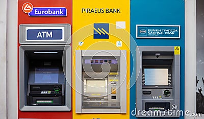 Greek banks ATM machines in the city center. Athens, Greece Editorial Stock Photo