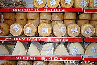 Greek cheeses on shop shelf, Heraklion. Editorial Stock Photo