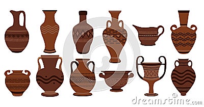 Greek clay pots. Illustration of clay roman traditional vase. Ancient vase set ancient urn, amphora, jar and jug Vector Illustration