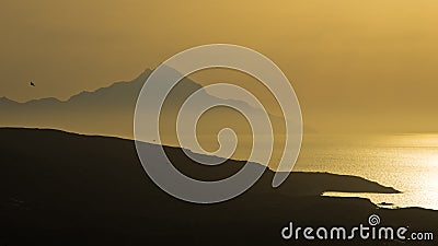 Greek coast landscape near holy mountain Athos at sunrise, Chalkidiki Stock Photo