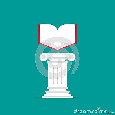 Greek column with open book. Antique pillar. Library, university or bookstore concept Vector Illustration