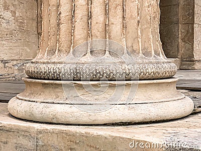 Base of a Greek stone column at the Parthenon of Acropolis in Athens Stock Photo