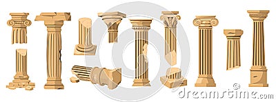 Greek columns. Ancient roman stone pillars, old classical architecture colonnade ruins, antique cracked arches cartoon Vector Illustration