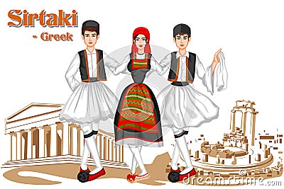 Greek Couple performing Sirtaki dance of Greece Vector Illustration