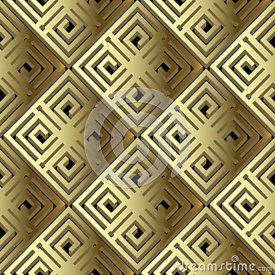 Greek 3d gold geometric vector seamless pattern. Surface ornamental golden background. Abstract patterned decorative waffle Vector Illustration