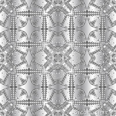 Greek 3d seamless pattern. Vector silver ornamental background. Tribal ethnic style repeat floral backdrop. Geometric ornament Vector Illustration