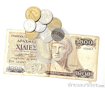 Greek drachma and coins Stock Photo