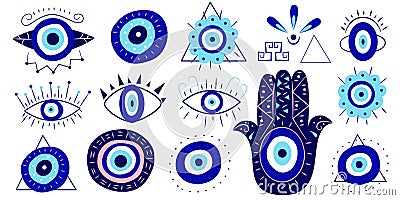 Greek evil eye amulet and hamsa hand in a set.Turkish eye with eyelashes, in a pyramid, in a triangle for amulet and Vector Illustration