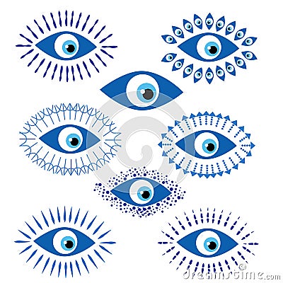 Greek evil eye, symbol of protection. Glass Turkish eye Nazar Boncugu. Amulet, talisman from the evil eye Vector Illustration