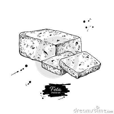 Greek feta cheese block, slice drawing. Vector hand drawn food s Vector Illustration