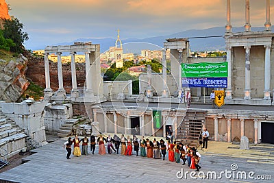 Greek folklore group at Amphitheater scene Editorial Stock Photo