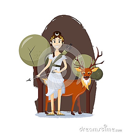 Greek goddess of Olympus, goddess of forests and hunting. Vector Illustration