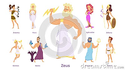 Greek gods. Ancient religion, greece history. Zeus, athena, poseidon character. Isolated cartoon mythology goddess Vector Illustration