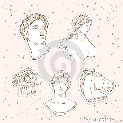 Greek gods Antique statue, ancient sculpture line art set. Vector Gold Stars in light galaxy sky. Heads, horse, column. Vector Illustration