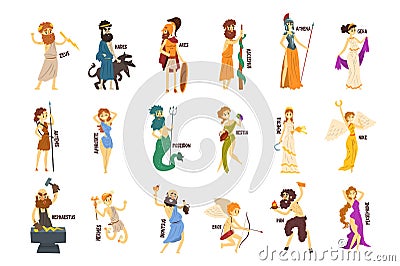 Greek Gods set, Dionysus, Hermes, Hephaestus,Zeus, Hades, Poseidon, Aphrodite, Artemis ancient Greece mythology Vector Illustration