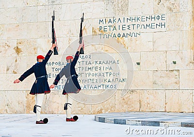 Greek guards Evzones in front of Parliament in Athens, Greece Editorial Stock Photo