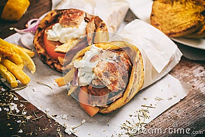 Greek gyros wraped in a pita bread Stock Photo