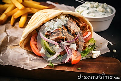 Greek gyros wrapped in pita breads on a wooden table, shawarma sandwich Stock Photo