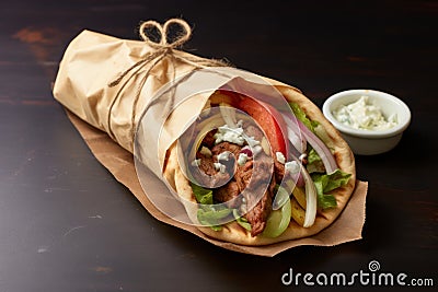 Greek gyros wrapped in pita breads on a wooden table, shawarma sandwich Stock Photo