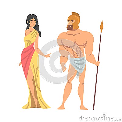 Greek or Hellene Woman Character in Ethnic Chiton Clothing and Gladiator Vector Illustration Vector Illustration