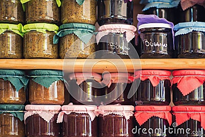 Greek homemade jam and canned food on the shelves of local shops Stock Photo