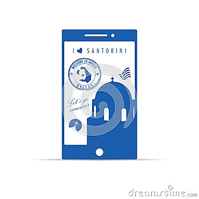 Greek island santorini on mobile phone illustration in blue Vector Illustration