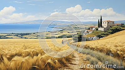 Greek Island Wheat Fields: A Realistic Oil Painting Of Rural Charm Stock Photo