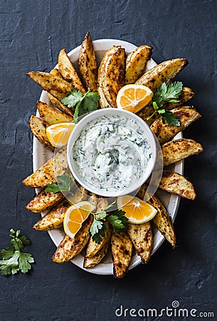 Greek lemon baked potato and tzadziki sauce - delicious snack, appetizer, tapas on a dark background, top view Stock Photo