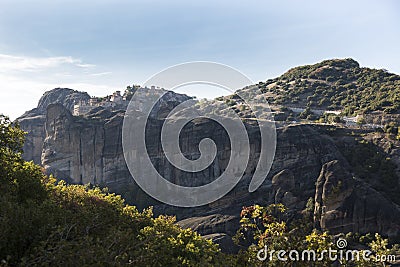 Greek miraculous monastery on the rock formation, Meteora, Greece. Mysterious hanging over rocks monasteries near Kalabaka Stock Photo