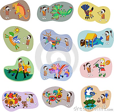 greek mythology hercules heracles 12 labours drawn in primitive kids style Vector Illustration
