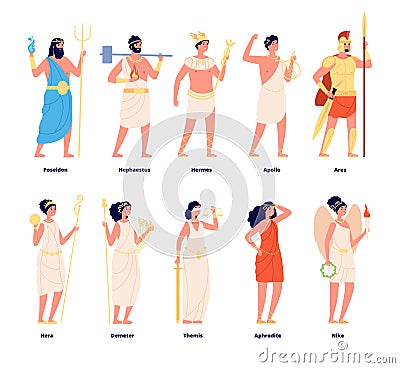 Greek mythology. Olympian gods, goddess. Roman myths characters. Isolated pantheon poseidon and demeter, hermes nike and Vector Illustration