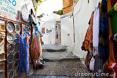 Greek narrow streets with white stone houses Editorial Stock Photo