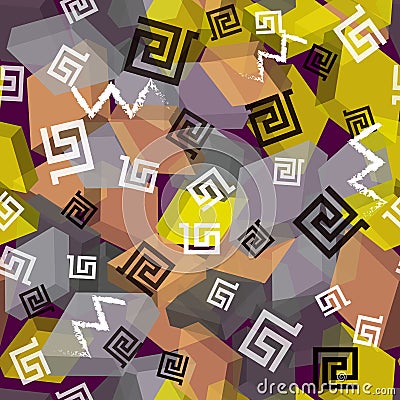 Greek ornamental colorful cubes seamless pattern. Geometric tribal background. Repeat ethnic style backdrop.Flying cubes. Chalck Vector Illustration