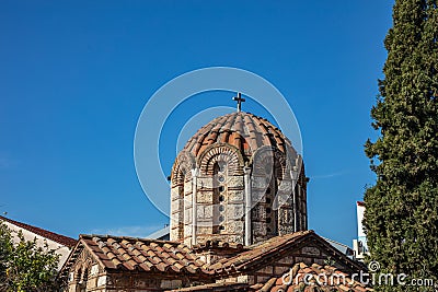 Athens, Greece. Aghios Athanasios church upper part in Thissio area, blue sky background Stock Photo
