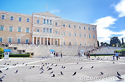 The greek parliament with the greek Evzones soldiers Syntagma Athens Greece Editorial Stock Photo