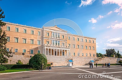 The Greek Parliament overlooking Syntagma Square, Athens, Greece. Editorial Stock Photo