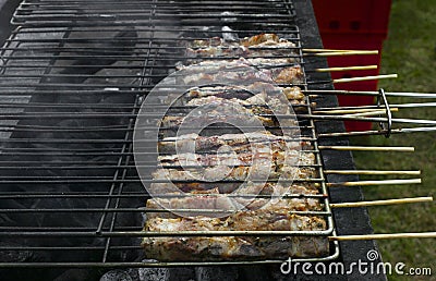 Greek pork souvlaki on grill Stock Photo