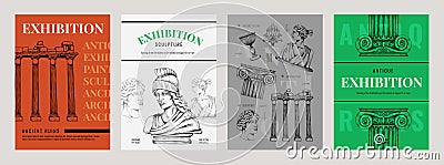 Greek posters. Rome and Greece art. Ancient statues. Museum exhibition. Athens marble column and gods sculpture for Vector Illustration