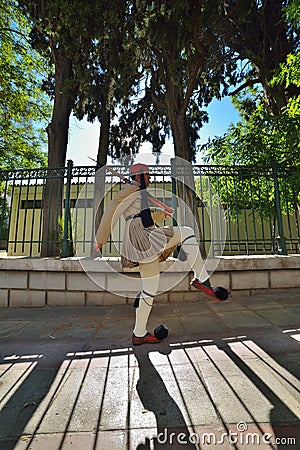 The Greek Presidential guard called Evzoni or Tsoliades dressed in traditional uniform Editorial Stock Photo