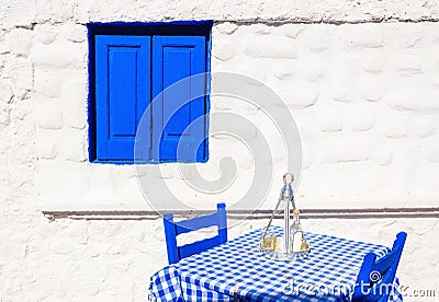 Greek restaurant with blue tablecloth, Greece Stock Photo