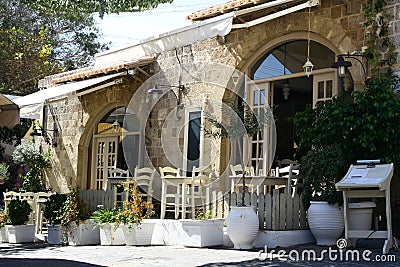 Greek restaurant in Old Town street in Rhodes Stock Photo