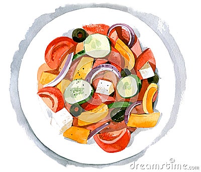 Greek salad. Hand drawn watercolor illustration isolated on white background Cartoon Illustration